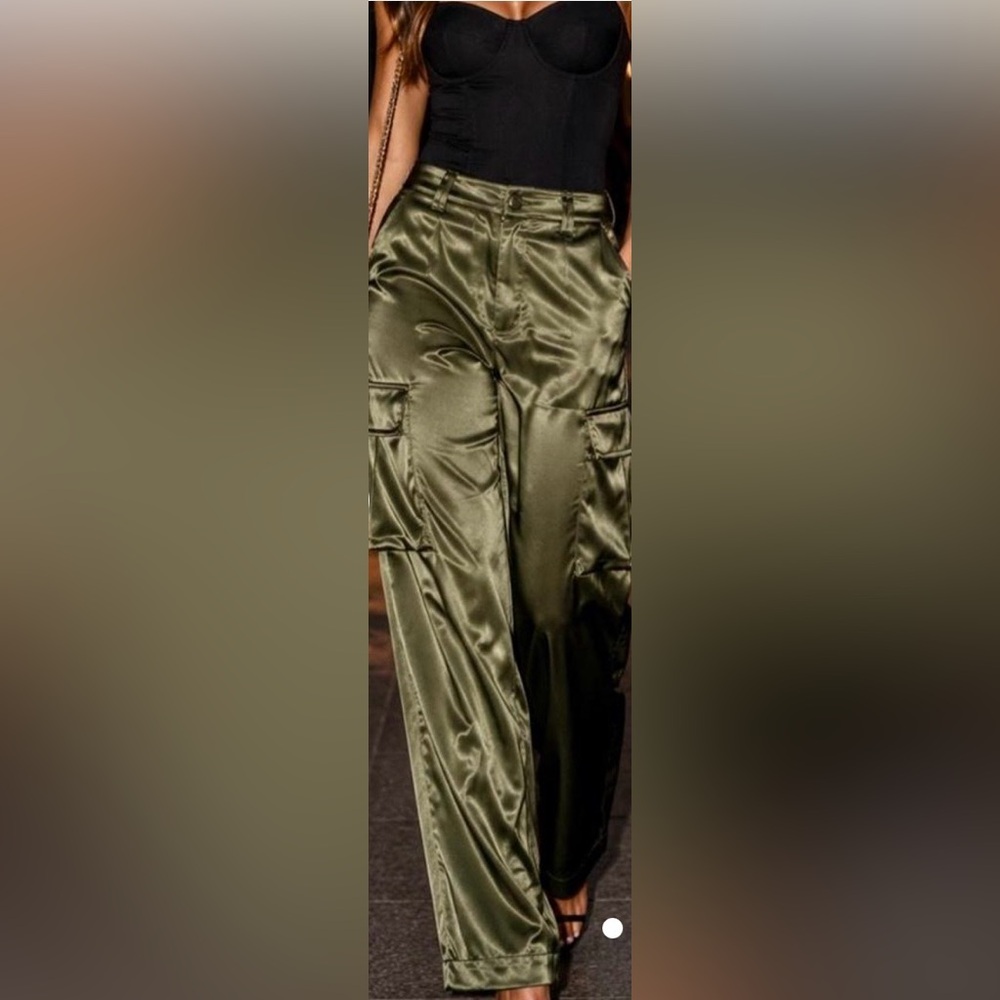 Love Fire Satin Cargo Utility Pants Gorgeous Green!